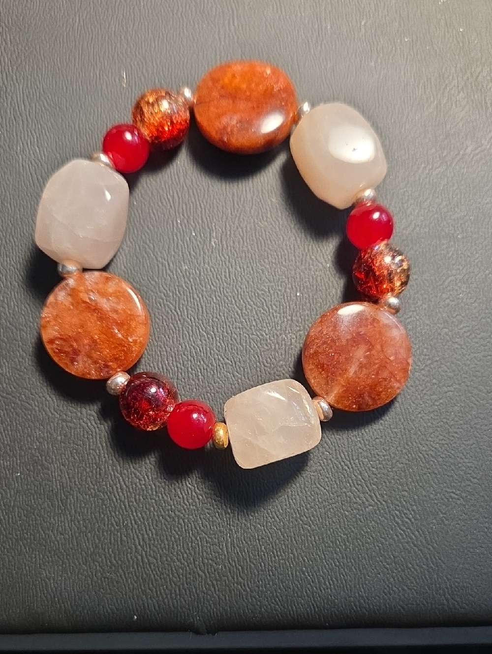 Handcrafted Red and Cream Beaded Stretch Bracelet